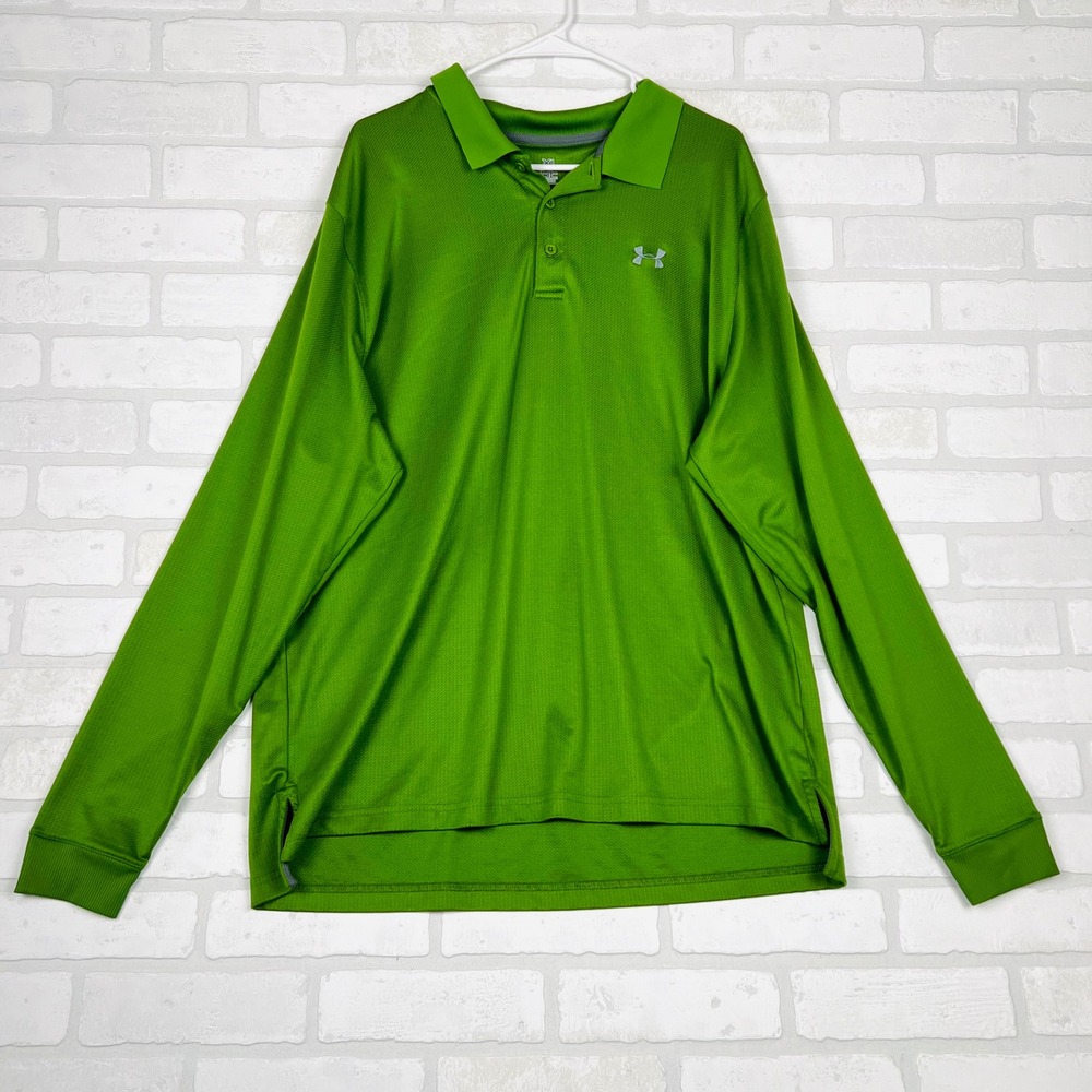 Under Armour Mens Long Sleeve Polo Shirt Lime Green XL Loose Fit Golf Activewear